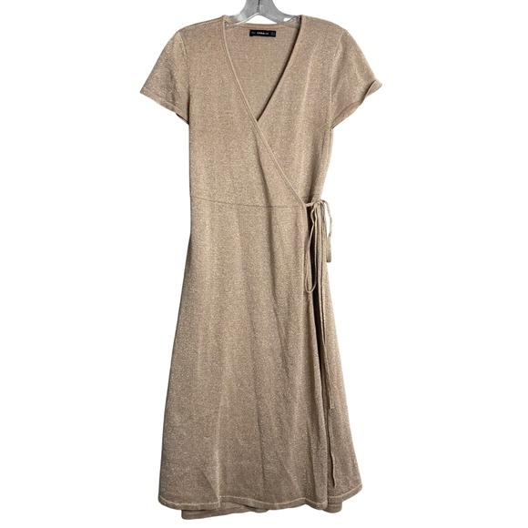 Zara Dresses & Skirts - Zara Knit Metallic Wrap Dress Womens M Gold Sparkly Party Holiday Knee Length